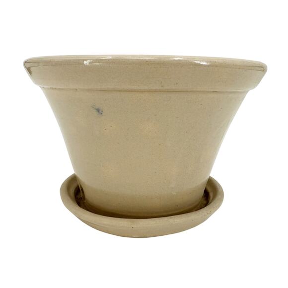 vintage cream colored beige Flower Pot attached Underplate heavy glazed pottery - Picture 2 of 11